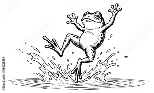 Frog jumping from water splash hand drawn outline illustration