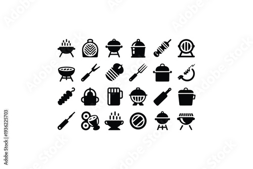Collection of diverse barbecue and grilling icons for food preparation and outdoor cooking.