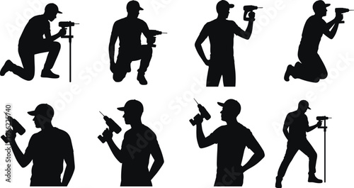 Silhouette collection of construction workers using power drills, handyman technician poses with tools, black vector illustration isolated on white background