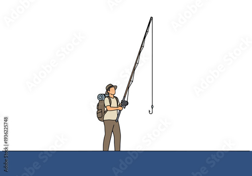 Angler carrying large backpack casts fishing rod while standing near body of water in outdoor recreational pursuit