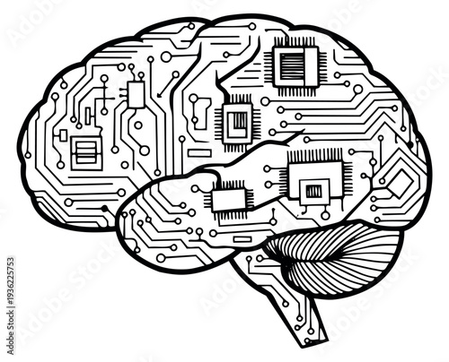 Modern brain circuit icon with microchips black and white line art