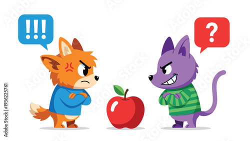 Fierce Animal Rivals Battle Over Red Apple Fruit Comic Style Conceptual Conflict