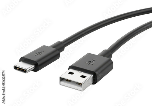 Usb c cable with usb a connector for data transfer and charging isolated on transparent background