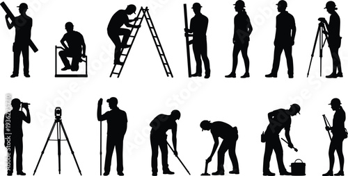 Surveyor and construction worker silhouette collection with ladder, tripod and measuring equipment, engineering and building industry concept vector illustration isolated on white background