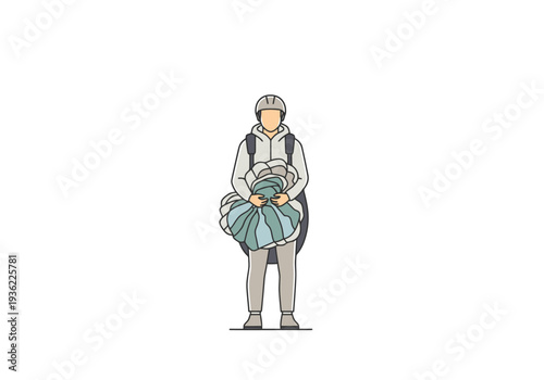 Skydiver Standing Ready Holding Folded Parachute Equipment Before Aerial Activity Adventure Sport Gear Preparation