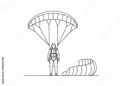 Parachutist Jumps Ready For Flight With Deployed Canopy And Packed Gear For Aerial Sport Adventure Descent