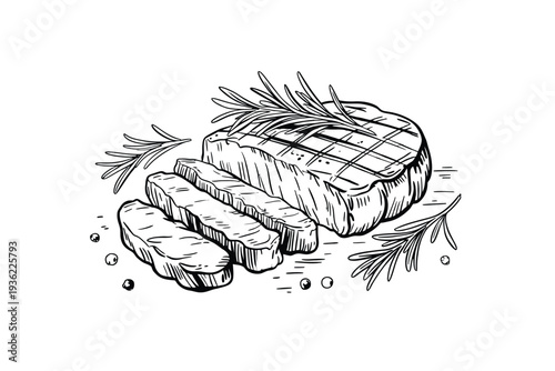 Delicious grilled steak with rosemary and peppercorns, artfully sliced and ready to serve.