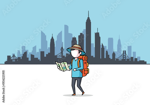 Adventurous traveler with backpack and map exploring a city skyline silhouette with iconic architecture in blue sky background
