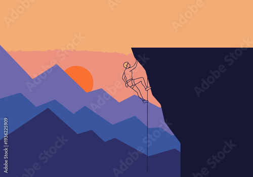 Person rappelling down a steep cliff face against a vibrant sunset sky with layered mountains in the background illustrating outdoor adventure and