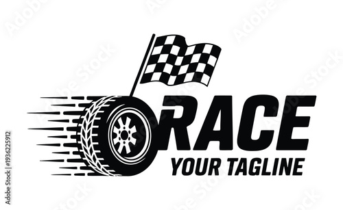 Race logo vector design with tire and checkered flag, speed branding graphic for motorsport emblem, automotive competition symbol, racing team identity, and car event promotion