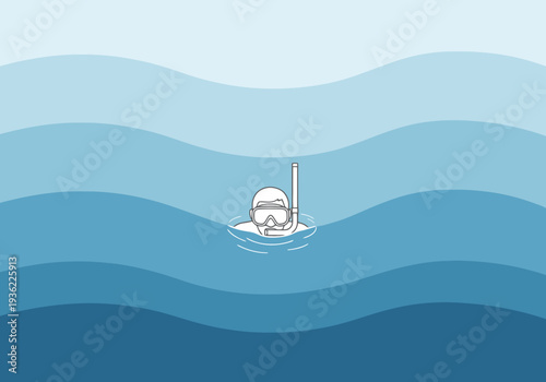 Person in Diving Mask and Snorkel Floats on Rippling Ocean Surface with Layered Blue Water Background