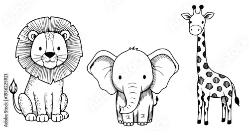 Cute safari animal set with lion, elephant and giraffe hand drawn outline illustration