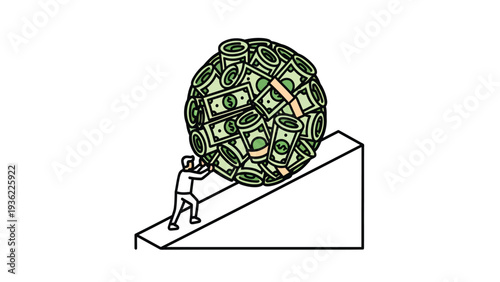 Financial struggle concept: Person pushing a giant money ball up a steep incline. Debt, wealth accumulation, and effort.