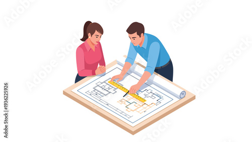 Architectural Design Team Collaborating on Blueprint with Ruler and Pencil. Isometric engineering project planning illustration.