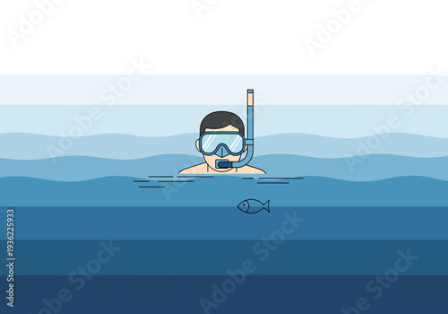 Man snorkeling underwater exploring ocean depths with fish swimming nearby in clear blue water showing recreational activity and marine life