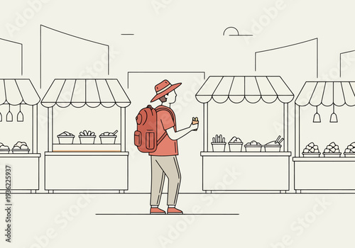 Traveler with backpack and phone standing in front of market stalls exploring local culture and seeking information during daytime
