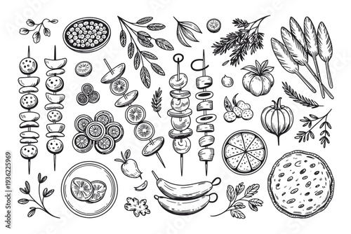 Food illustration vector featuring various types of cuisine and ingredients
