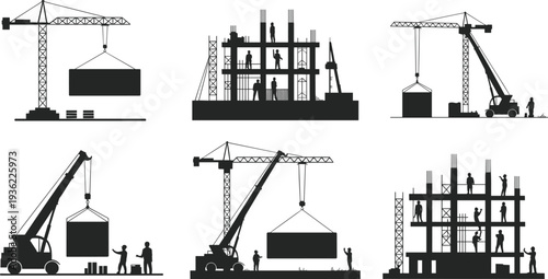 Tower crane and construction site silhouettes set, workers building concrete structure with heavy machinery and lifting equipment, industrial vector illustration collection