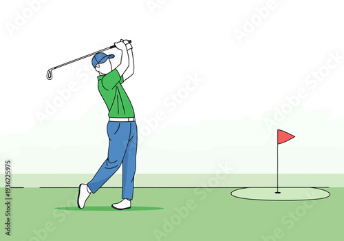 Golfer Executing Full Swing During Outdoor Game Near Flagstick and Hole on Green Course Landscape
