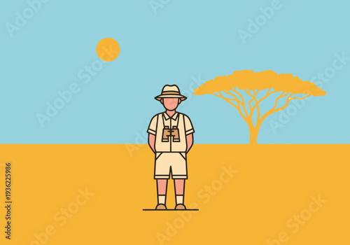 Man explorer wearing safari outfit and binoculars stands in savanna landscape with acacia tree and sun under clear sky