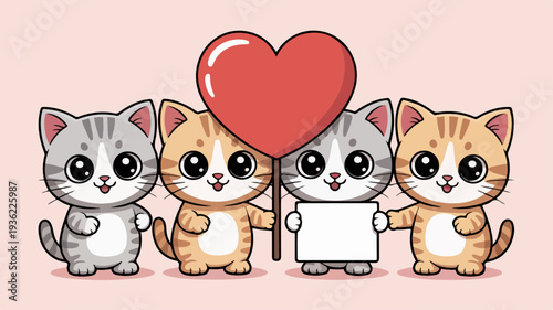 Cute cartoon cats holding heart and sign together