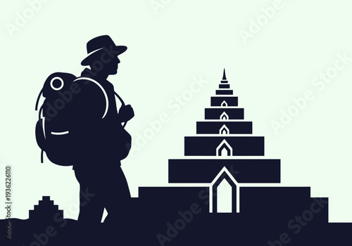 Silhouette of Explorer with Backpack Facing Ancient Temple Monument Structure on Hilltop Journey Adventure Discovery