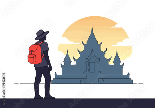 Traveler with backpack observing ancient temple silhouette against warm sunset sky and cloudy atmosphere