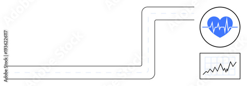 Health tracking, medical analysis, fitness progress, digital monitoring, wellness, healthcare innovation. Blue heart with heartbeat line and a graph tracking metrics. Health tracking and medical