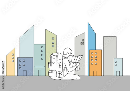 Traveler with backpack studies map in front of diverse urban cityscape with modern buildings and simplified architecture styles