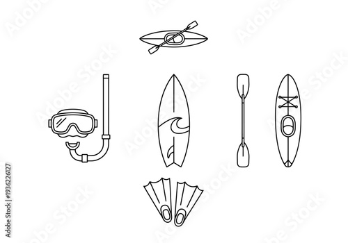Collection of Water Sports Equipment Including Kayak Surfboard Snorkel Mask and Flippers For Outdoor Recreation And Adventure Activities