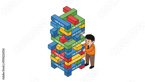 Man carefully removes block from unstable colorful tower, symbolizing risk, strategy, and challenge