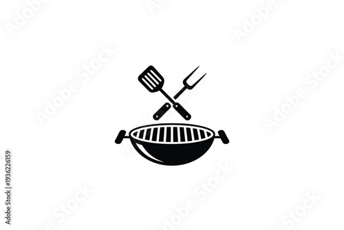 Grill icon with crossed spatula and fork on top of barbecue