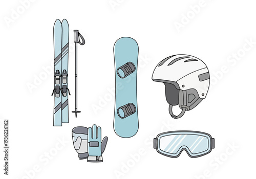 Winter Sports Equipment Collection Featuring Skis Snowboard Helmet Gloves and Goggles Ready for Snow Adventures