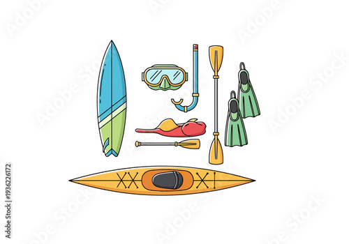 Collection of Water Sports Equipment and Accessories for Outdoor Recreation and Adventure