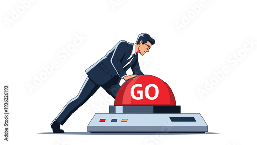 Businessman Pushing Big Red GO Button to Start Project or Launch New Initiative