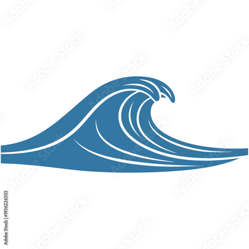 A stylized illustration of a powerful blue ocean wave cresting and breaking against a white background.