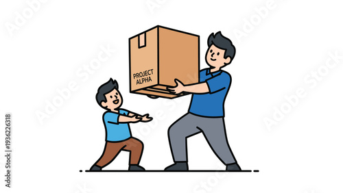 Adult and child teamwork carrying a box, collaboration concept illustration