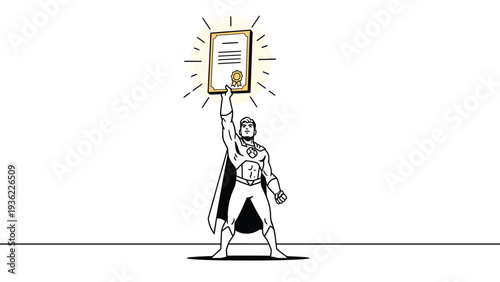 Superhero celebrating achievement, holding a glowing certificate of success and recognition