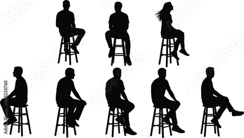 Black silhouettes of people seated on stools, vector illustration showcasing diverse postures, orientations, gestures, artistic human figure design elements