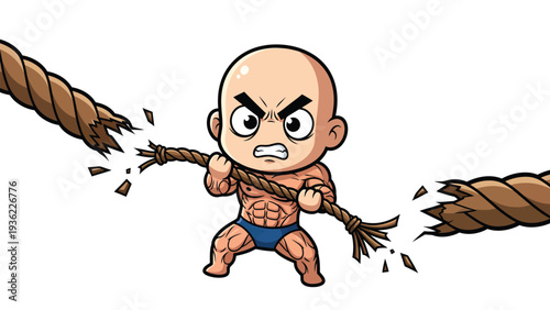 Cartoon Character s Intense Strength Effort Tearing Thick Rope Apart Showcasing Power and Determination