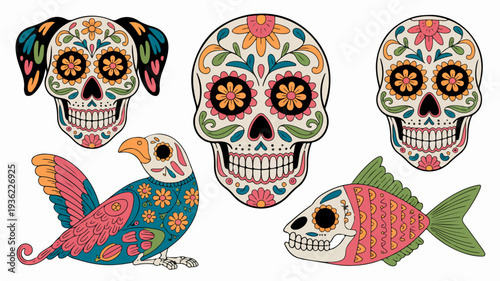 Vibrant Sugar Skulls and Animals