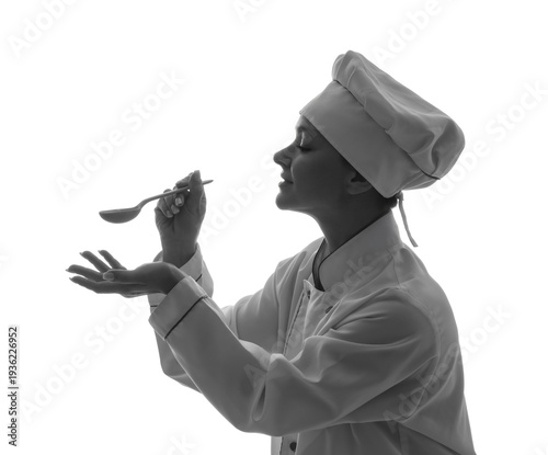 Silhouette of female chef with spoon on white background