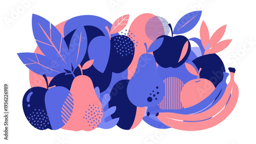 Vibrant Abstract Fruit Arrangement with Apples Pears and Bananas.