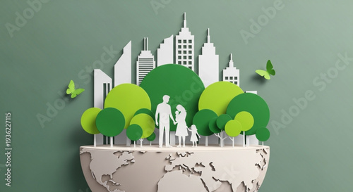 A paper-cut cityscape with lush green trees and a happy family, symbolizing sustainable living and environmental harmony on Earth, illustrating a vision for an eco-friendly future