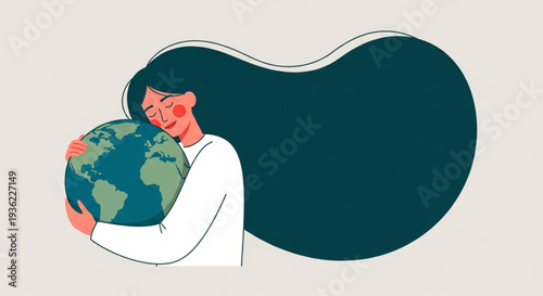 Earth Day Illustration of a woman holding the Earth in her arms, symbolizing environmental care and global unity