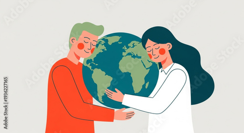 Earth Day A couple embracing the planet Earth, symbolizing unity and global care for environmental protection and sustainability
