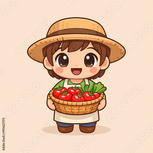 Cute Tomato Seller Mascot Character – Adorable Chibi Farmer Holding Fresh Vegetable Basket, Pastel Flat Vector Illustration