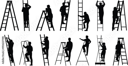 Worker climbing ladder silhouettes set, professional construction laborers on step ladders and extension ladders isolated on white background vector illustration