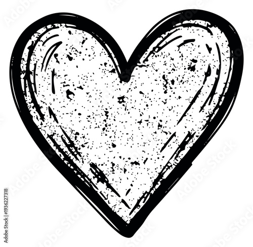 Grunge heart icon with textured distressed effect black and white line art