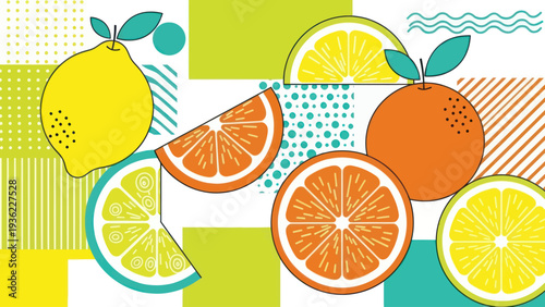 Vibrant Citrus Fruits Illustration with Lemons and Oranges.